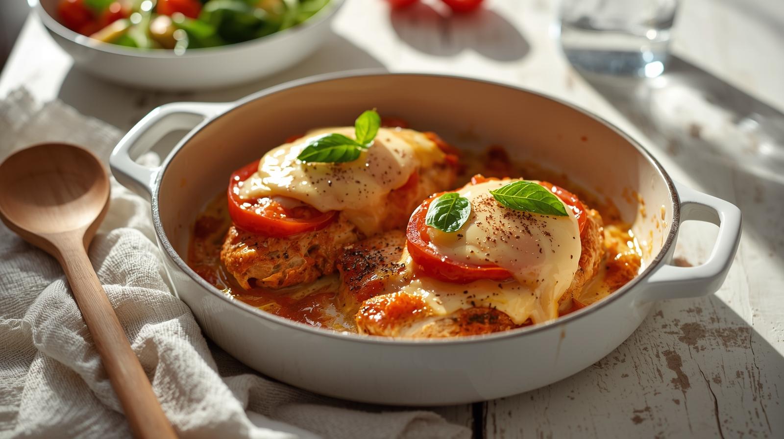 Kylling i fad med tomat og mozzarella