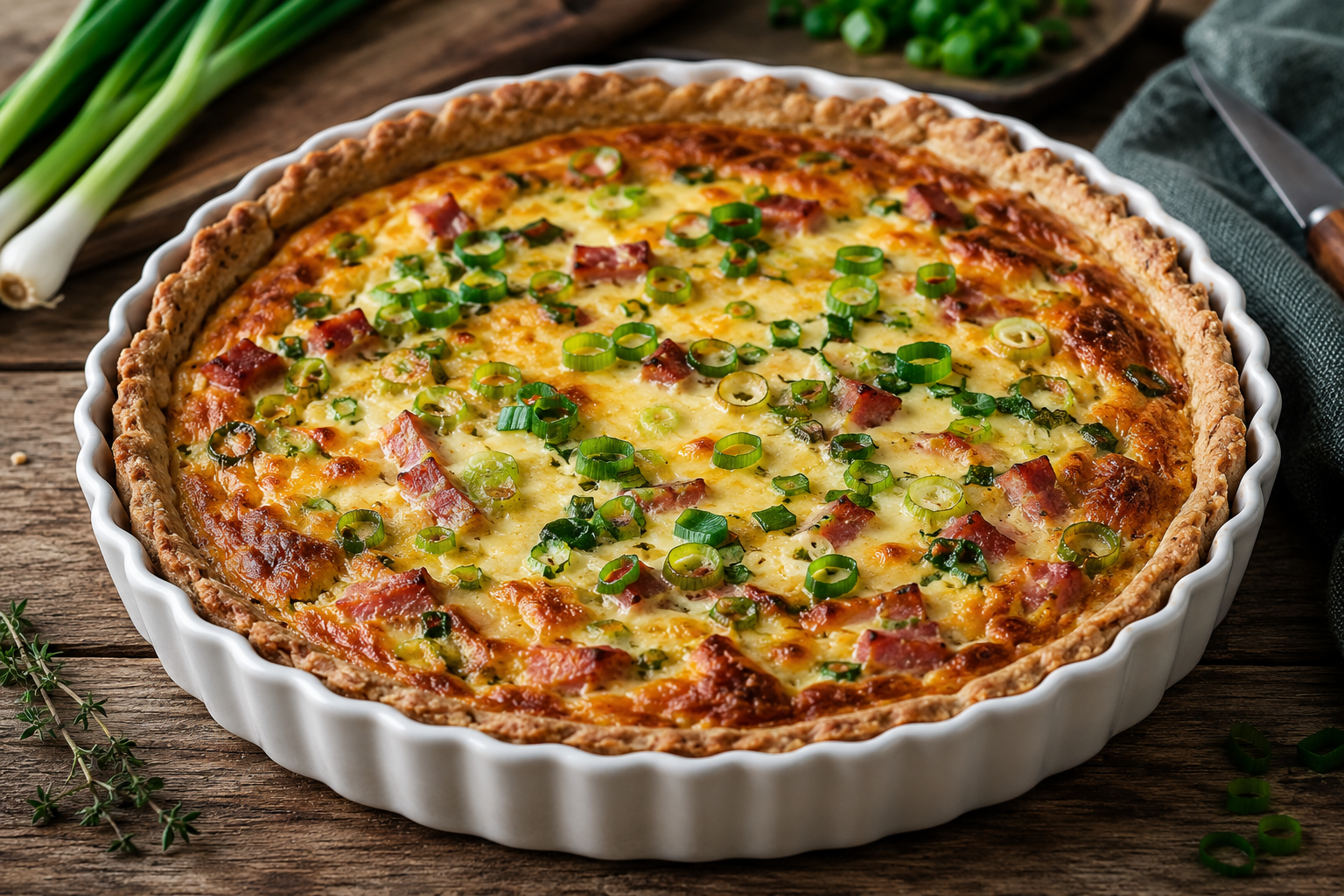 Quiche Lorraine med røget mørbrad og forårsløg